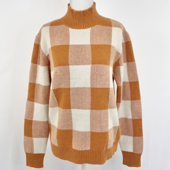 New Callahan Gingham Plaid Knit Mock Neck Sweater Orange Ivory Size Medium - Picture 3 of 13